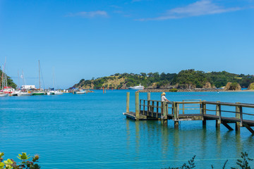 Jetty projects into turquoise blue harbour surrounded by hills and boat filled marina.