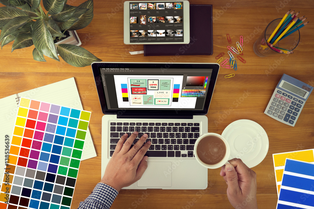 Fototapete creative designer graphic at work. color swatch samples, illustrator graphic designer working digita