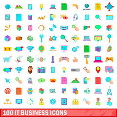 100 it business icons set, cartoon style