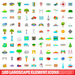 100 landscape element icons set, cartoon style