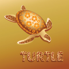 Fancy Turtle. Stylization. Composition of orange-brown background. Turtle in the sand. Design for posters, banners, background for the site.