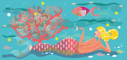 Fototapeta na wymiar vector illustration with a beautiful mermaid 