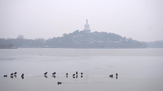 White pagoda  and water surface in Beihai Park on a snowy day