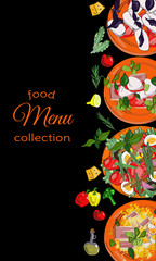 Vertical salads menu with hand drawn dishes and ingredients. Restaurant menu design.
