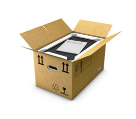 Open cardboard box with the gadget on a white background 3D illustration
