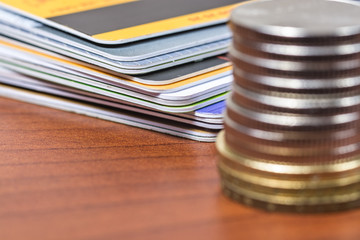 euro coins and bank cards 