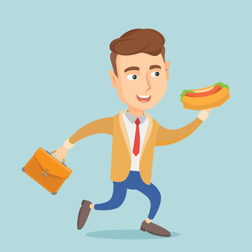 Business man eating hot dog vector illustration.