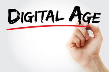 Hand writing digital age with marker, concept background