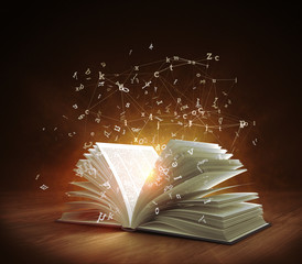 Open Magic Book with magic light and flying letters. 3d rendering