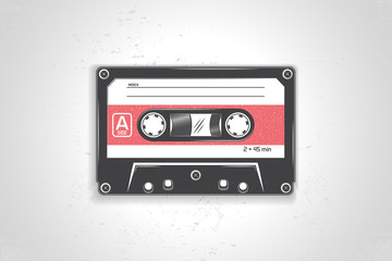 Audio cassette. Detailed elements. Old retro vintage grunge. Typographic labels, stickers, logos and badges. 