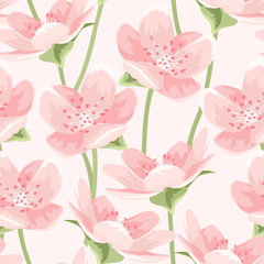Seamless pattern of blooming spring sakura magnolia cherry blossom flowers. Pink petals, green leaves and stem on light pink background. Detailed floral vector design illustration for decor packaging.