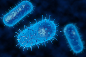 Bacteria 3D render. Spherical virus blue style. View under a microscope for bacteria