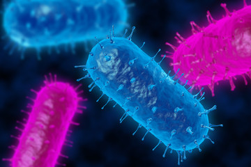3D render of a bacterium in close-up. Abstract background propagation of the virus