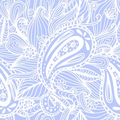 Beautiful hand drawn ornamental doodle light blue repeated background, seamless boho pattern. Vector illustration.