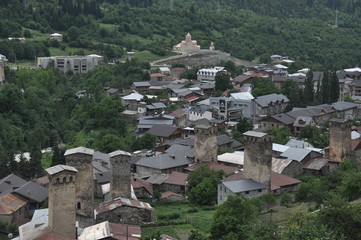 Georgia. Swan tower. Residential building defensive in mountains. Caucasus.