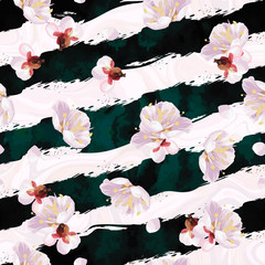 Trendy seamless spring pattern with blossom plum tree's flowers and art stroke stripes. Vector backdrop. - 138542243