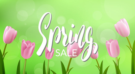 Spring sale. Banner with calligraphy and flowers for seasonal sale