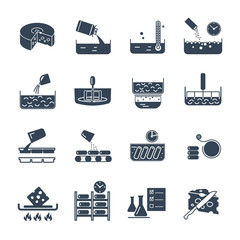 set of black icons manufacture of cheese production, making