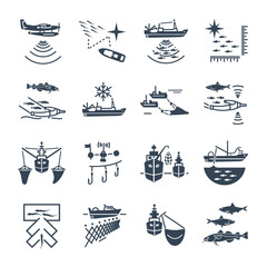 set of black icons commercial fishing process
