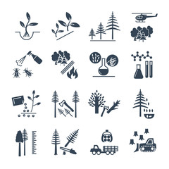 set of black icons forestry and silviculture production process