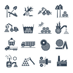 set of black icons logging and forestry production process