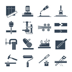set of black icons manufacture of products of wood production
