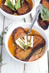 soup with bread and cheese top view