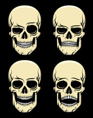 Four emotions cartoon colored skull on a black background - smile, anger, laughter, fear. Vector illustration.