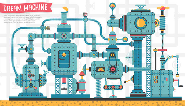 Big Fantastic intricate steampunk machine, with pipes, aggregates, valves, cables, devices and other components. It can be disassembled into individual components. Vector illustration.