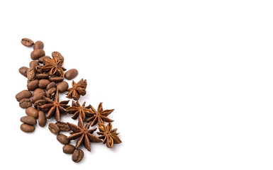 Coffee beans and spices scattered on white, food photo