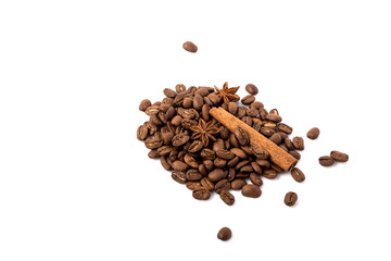 Coffee beans and spices scattered on white, food photo