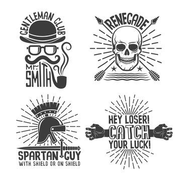 Set of 4 retro hipster logo tattoos with sunburst. Gentleman, Spartan, renegade emblems. Vector illustration.