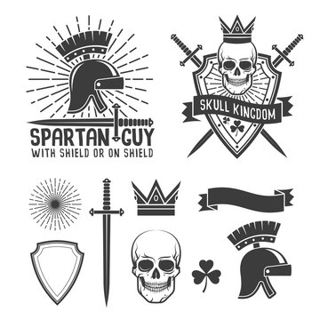 Retro hipster tattoo emblem. Spartan helmet, a dagger and a sunburst. Triangular shield, skull crown, ribbon and crossed swords. Vector illustration.