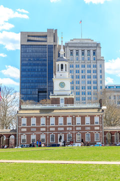 Brick clock tower at historic Independence Hall National Park in Philadelphia