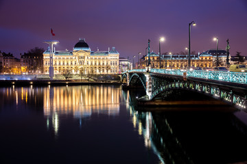 Famous bridge and University along Rhone river at night, Lyon