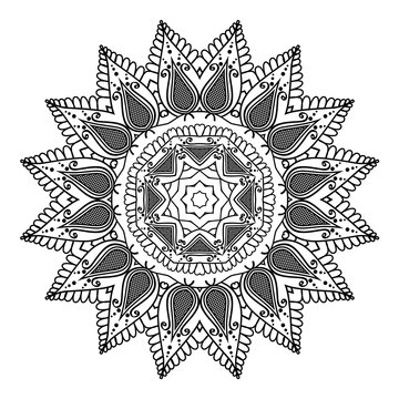 Template of circular curls in oriental style with Indian Islamic Turkish pattern. Black mandala isolated on white background.