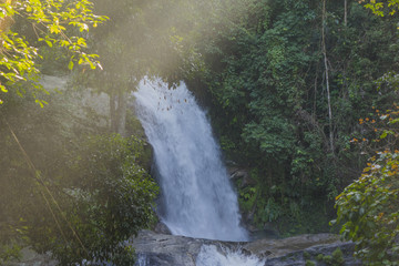 Waterfall with sun ray in forest.