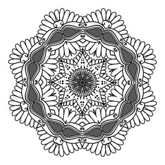 Template of circular curls in oriental style with Indian Islamic Turkish pattern. Black mandala isolated on white background.