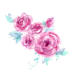 Cute watercolor roses. Invitation. Wedding card. Birthday card.