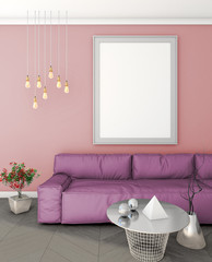 mock up poster on the wall in the modern interior with sofa. loft. 3D render