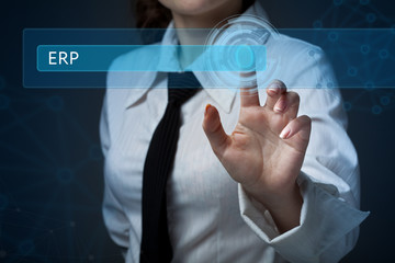 Business, technology, internet and networking concept. Business woman presses a button on the...