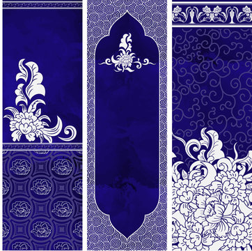 Set of templates of vertical floral banners with imitation Chinese porcelain painting. Watercolor texture.