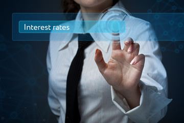 Business, technology, internet and networking concept. Business woman presses a button on the...
