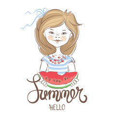 Summer Girl / Vector illustration or postcard with slices of watermelon