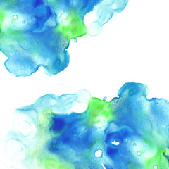 Blue and green watery frame .Abstract watercolor hand drawn illustration. Azure splash.White background.