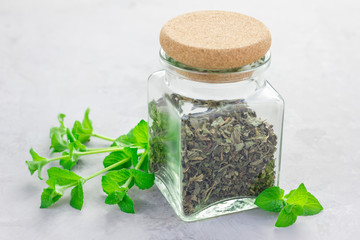 Dry herbal mint tea in a glass jar with fresh peppermint on background, horizontal