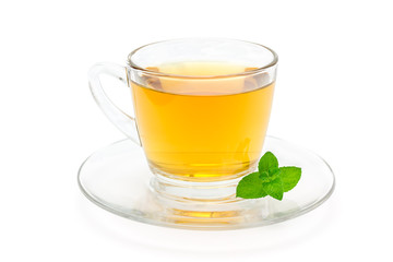 Healthy herbal mint tea in a glass cup isolated on white background, horizontal