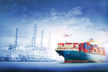 Logistics and transportation of International Container Cargo ship and cargo plane in the ocean at...