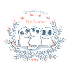 Cute cat and laurel wreath doodle hand drawing vector illustration