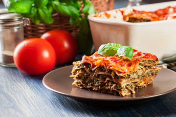 Piece of tasty hot lasagna with spinach on a plate